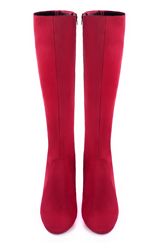 Cardinal red women's feminine knee-high boots. Round toe. Medium block heels. Made to measure. Top view - Florence KOOIJMAN